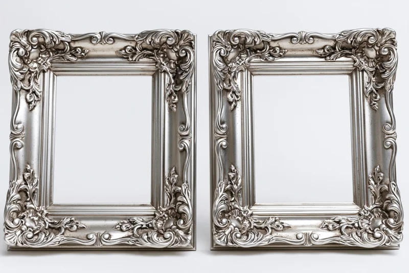 Two ornate silver picture frames with baroque and rococo carvings side by side on white background