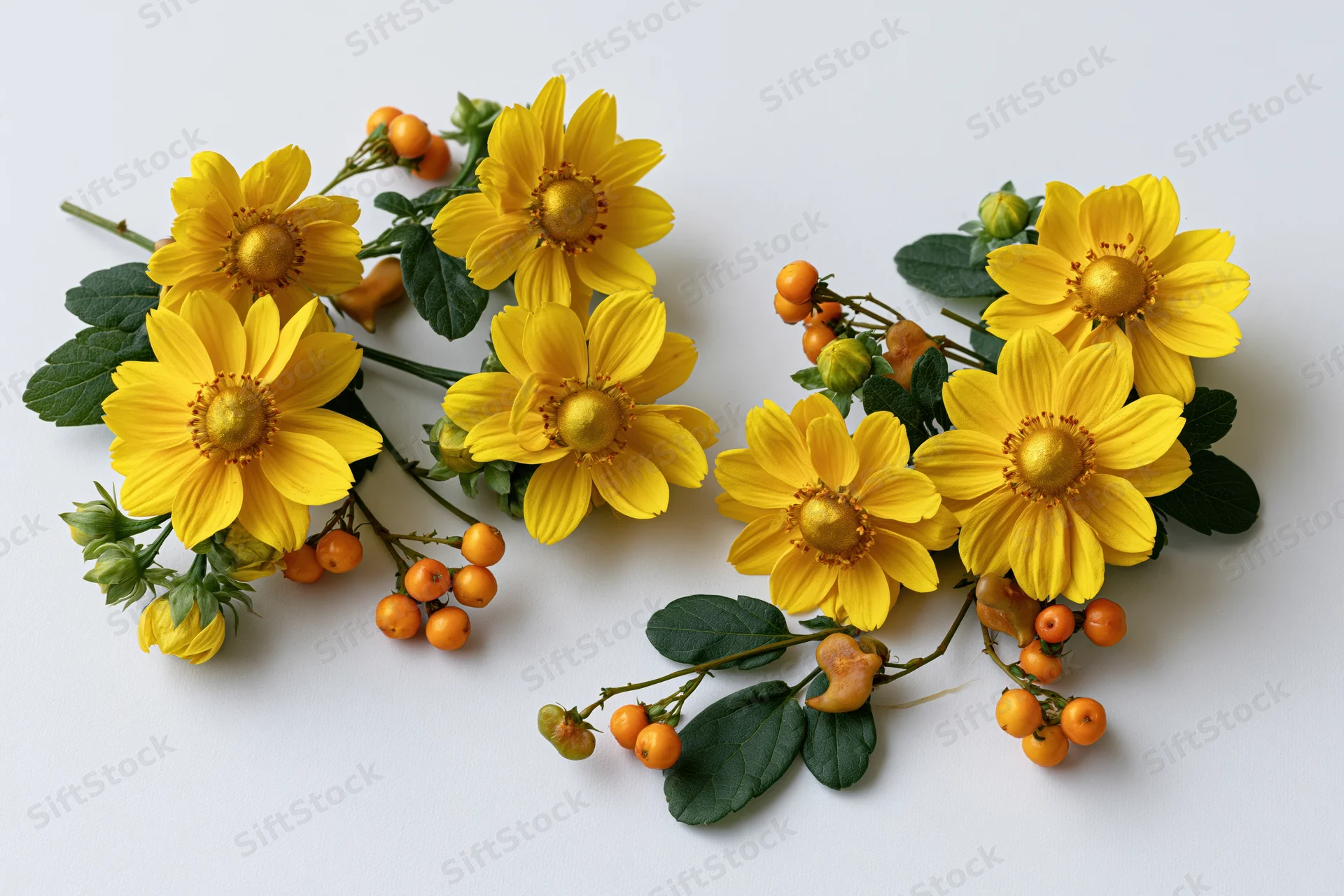 Two clusters of bright yellow daisy-like flowers with green leaves and orange berries arranged on a white surface