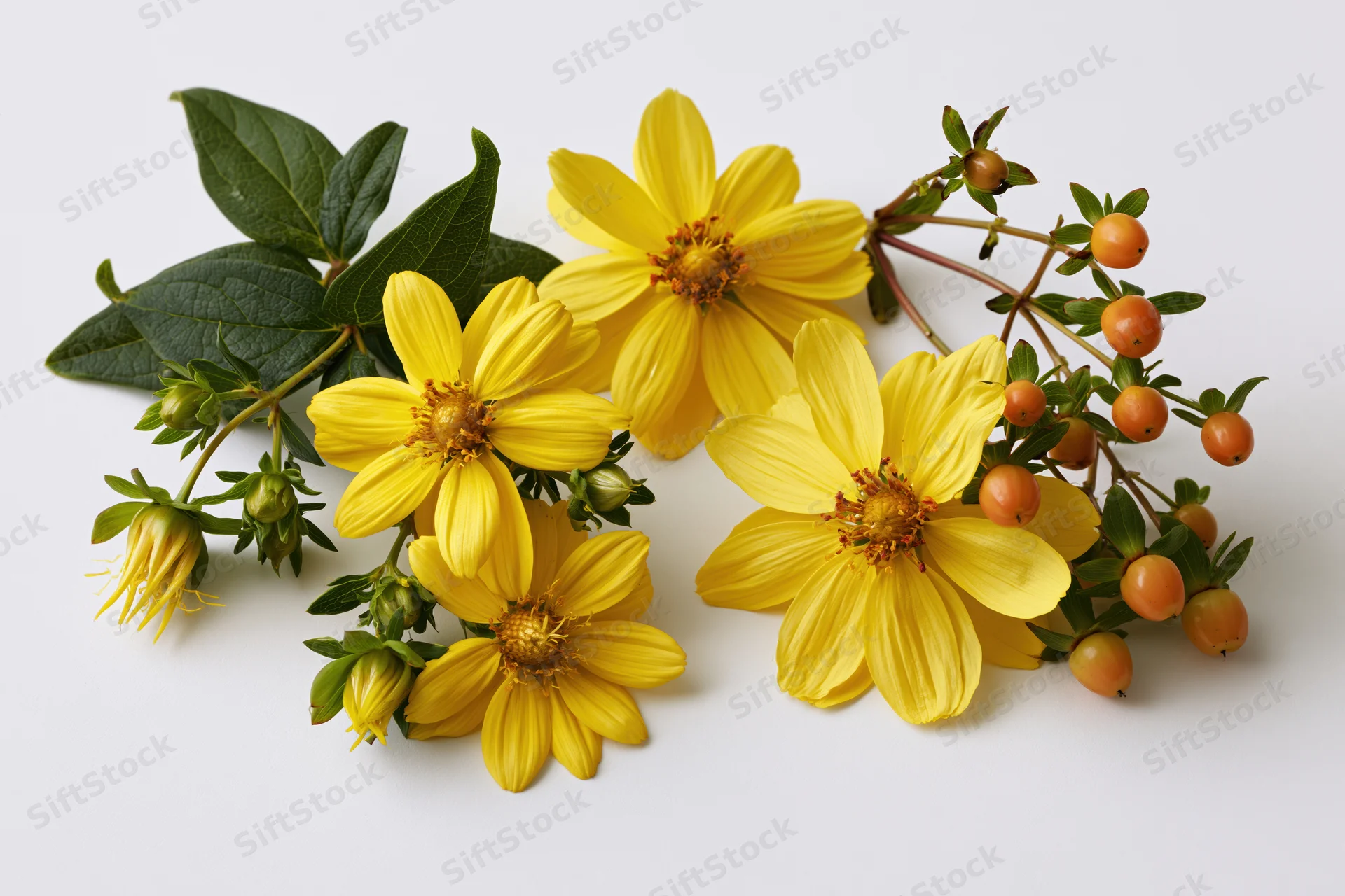 Bright yellow daisy-like flowers with green leaves and orange berries arranged on a white surface