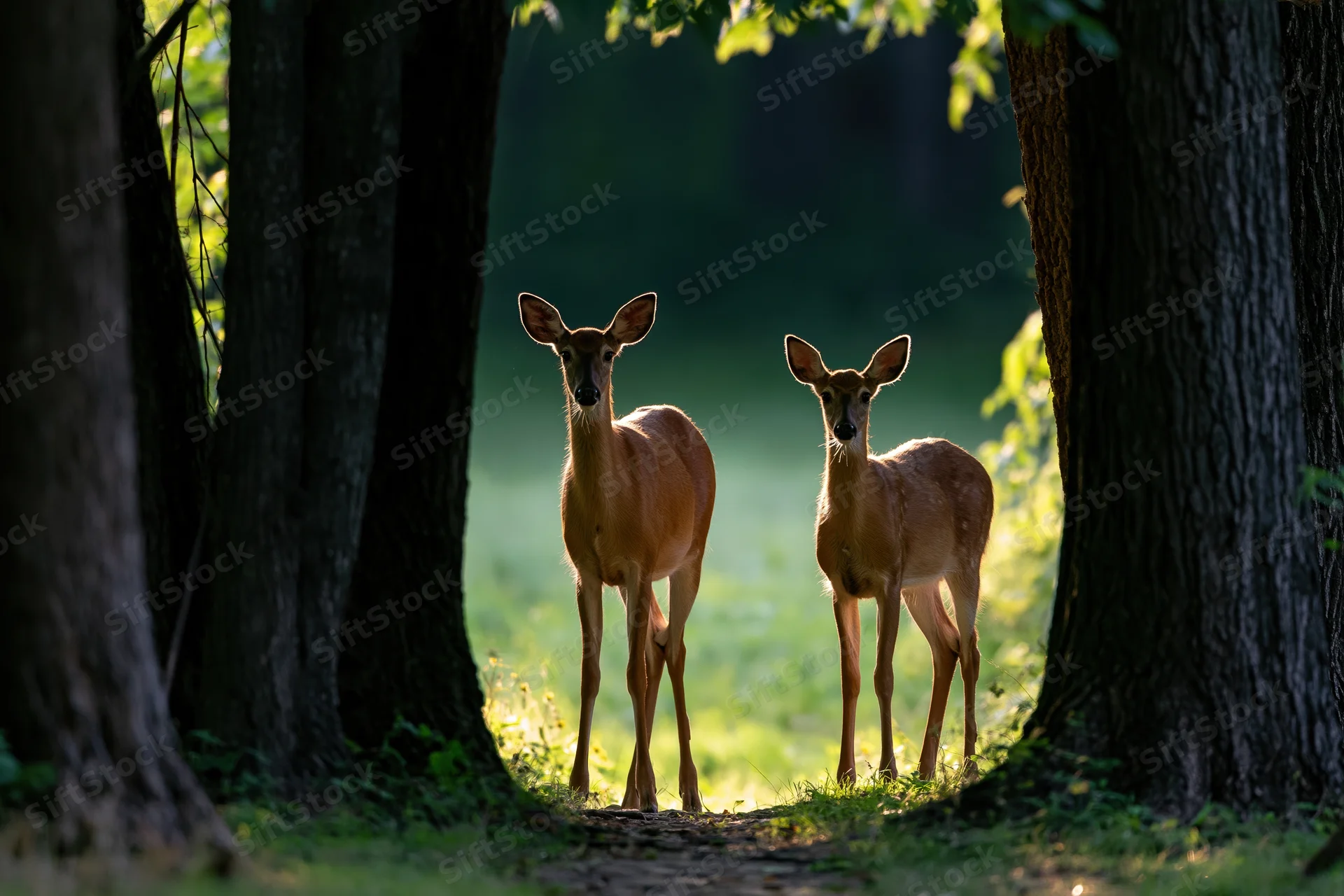 Two white-tailed deer standing alert on a forest path between trees