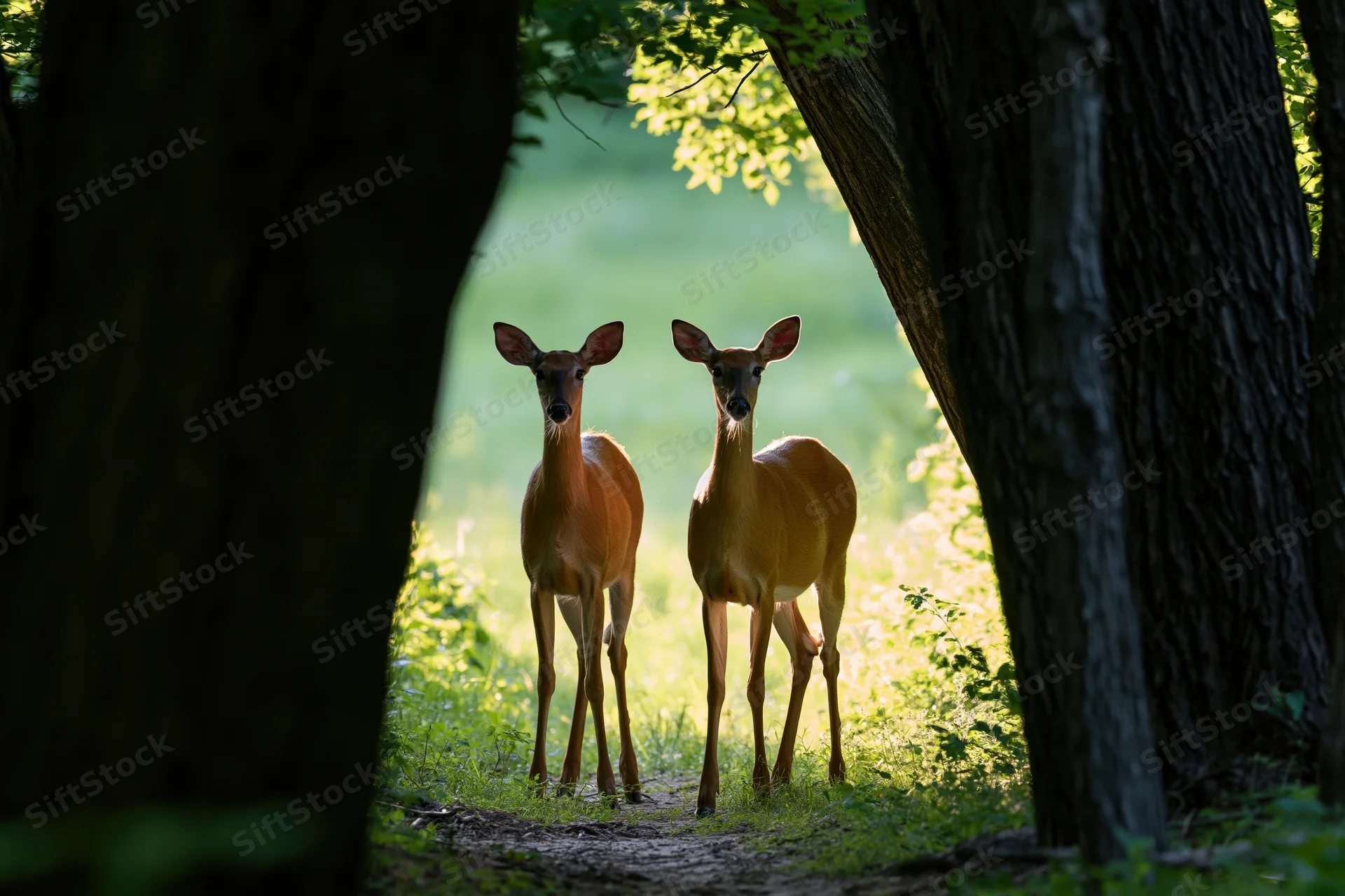 Two white-tailed deer standing alert on a forest path between trees