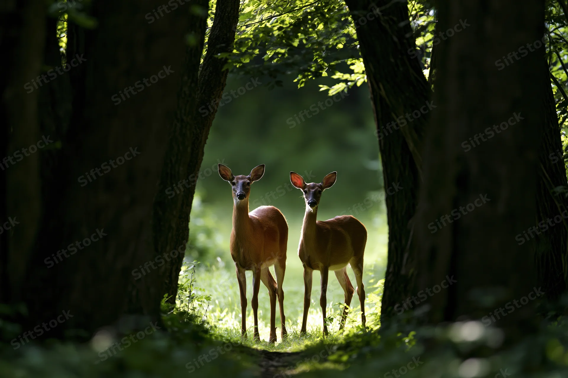 Two white-tailed deer standing alert in a sunlit forest clearing between trees