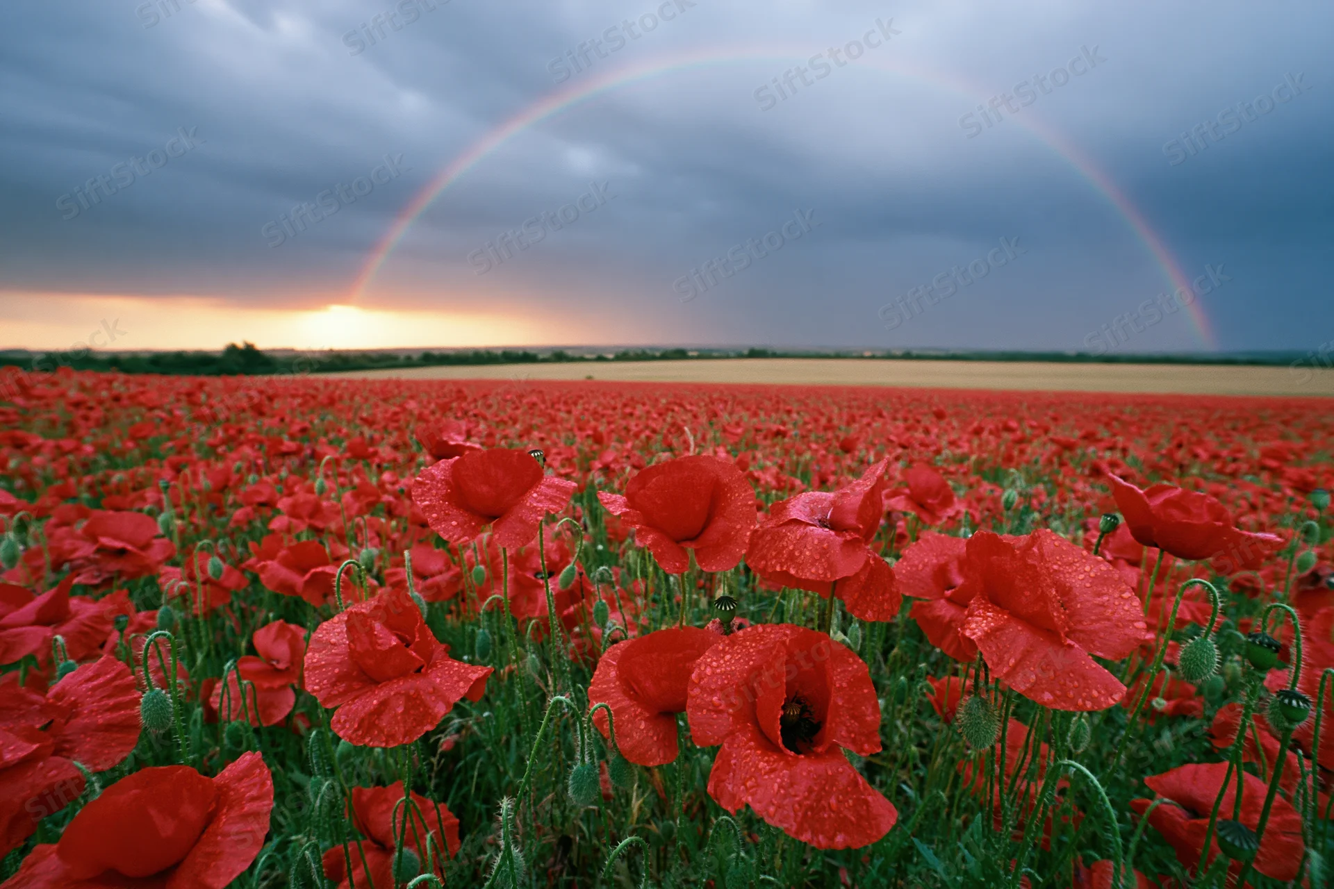 Vast field of red poppies under a rainbow at sunset