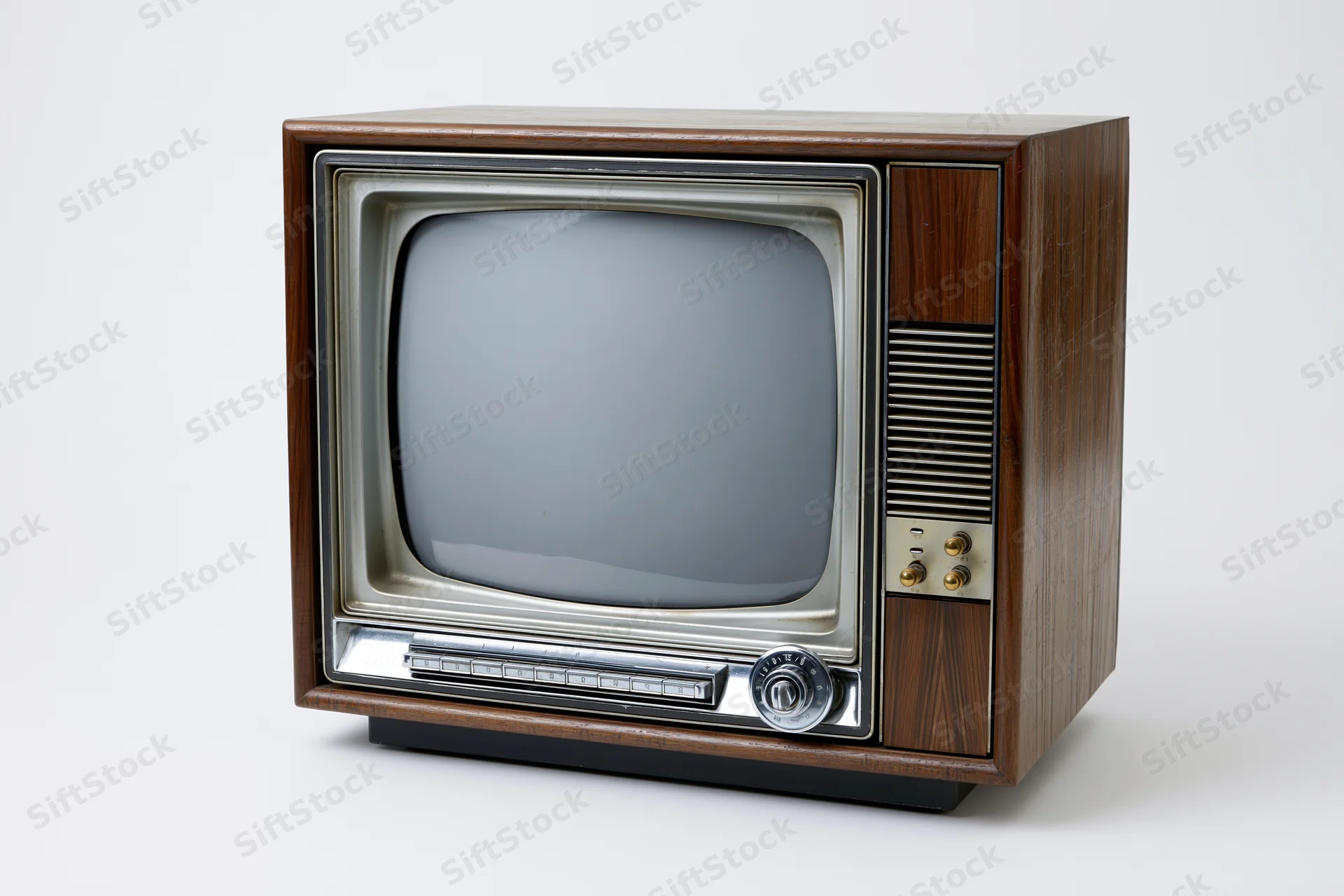 Vintage wooden television set with blank screen isolated on white background