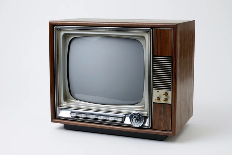 Vintage wooden television set with blank screen isolated on white background