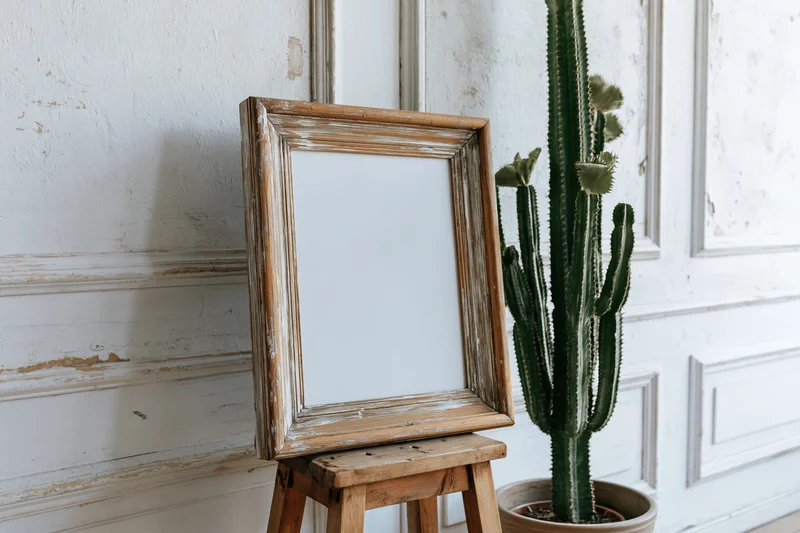 Weathered wooden frame with blank white interior leaning on a stool beside a potted cactus against a distressed white paneled wall
