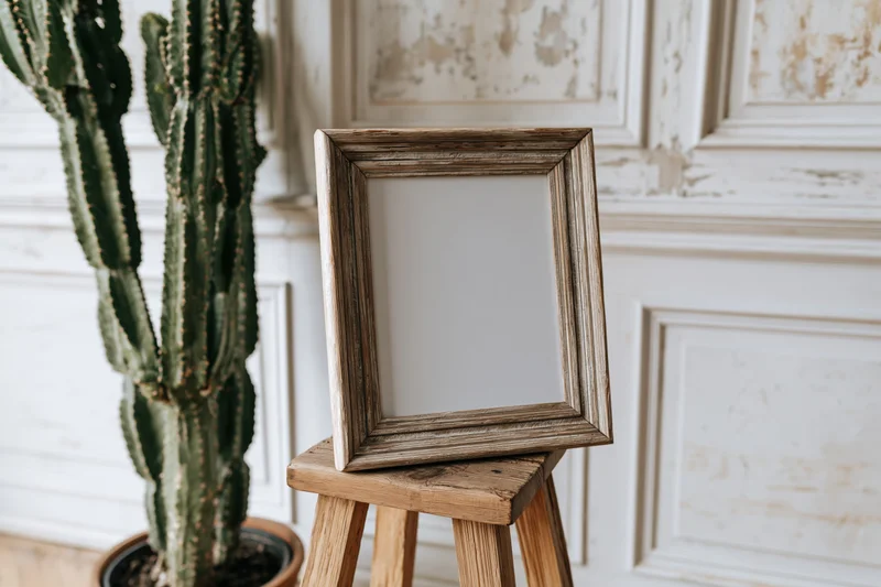 Weathered wooden picture frame with blank white interior leaning on a wooden stool beside a potted cactus against a distressed white paneled wall