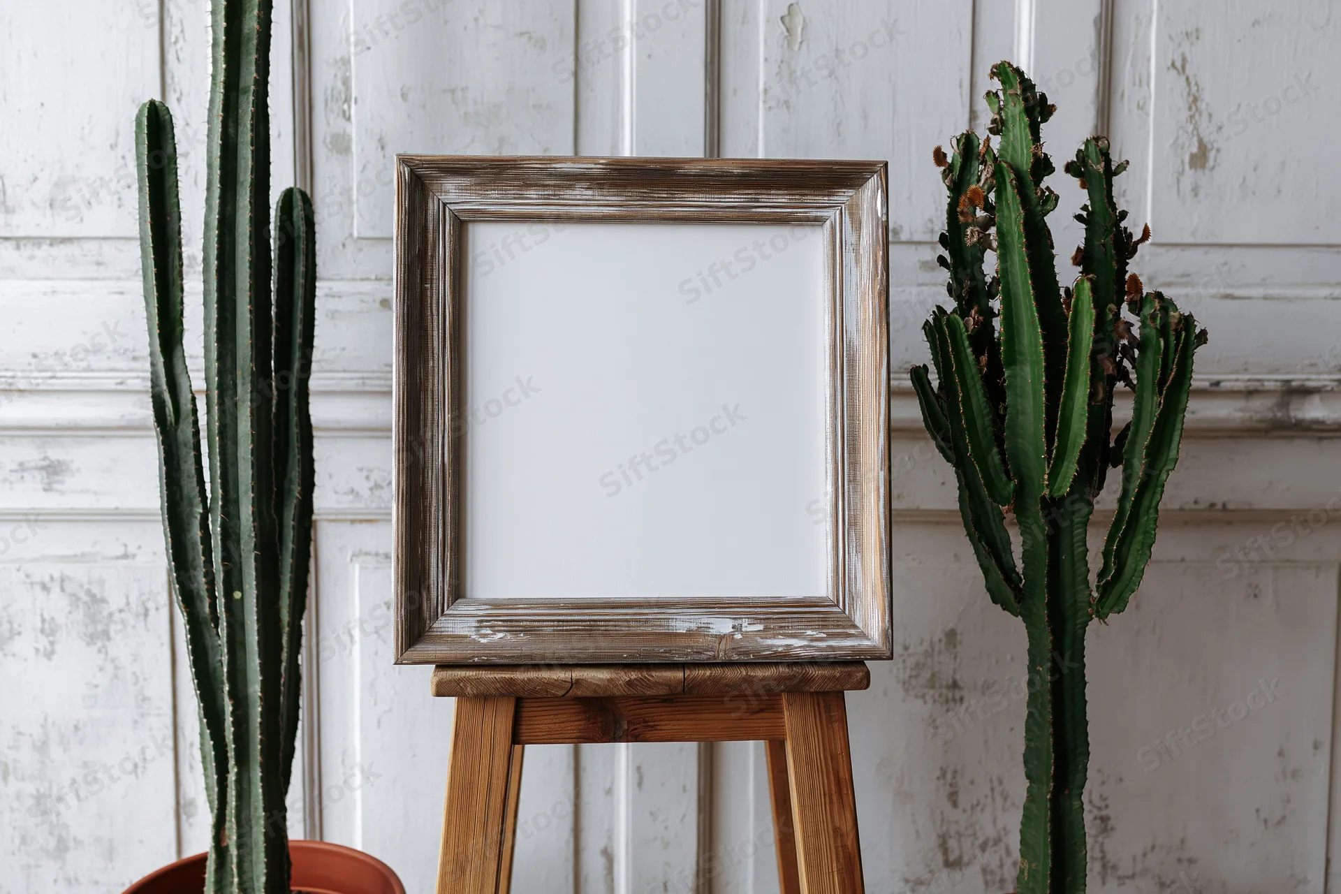 Weathered wooden picture frame with blank white interior on a wooden stool between two cacti against a white paneled wall