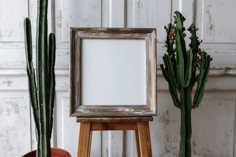 Weathered wooden picture frame with blank white interior on a wooden stool between two cacti against a white paneled wall