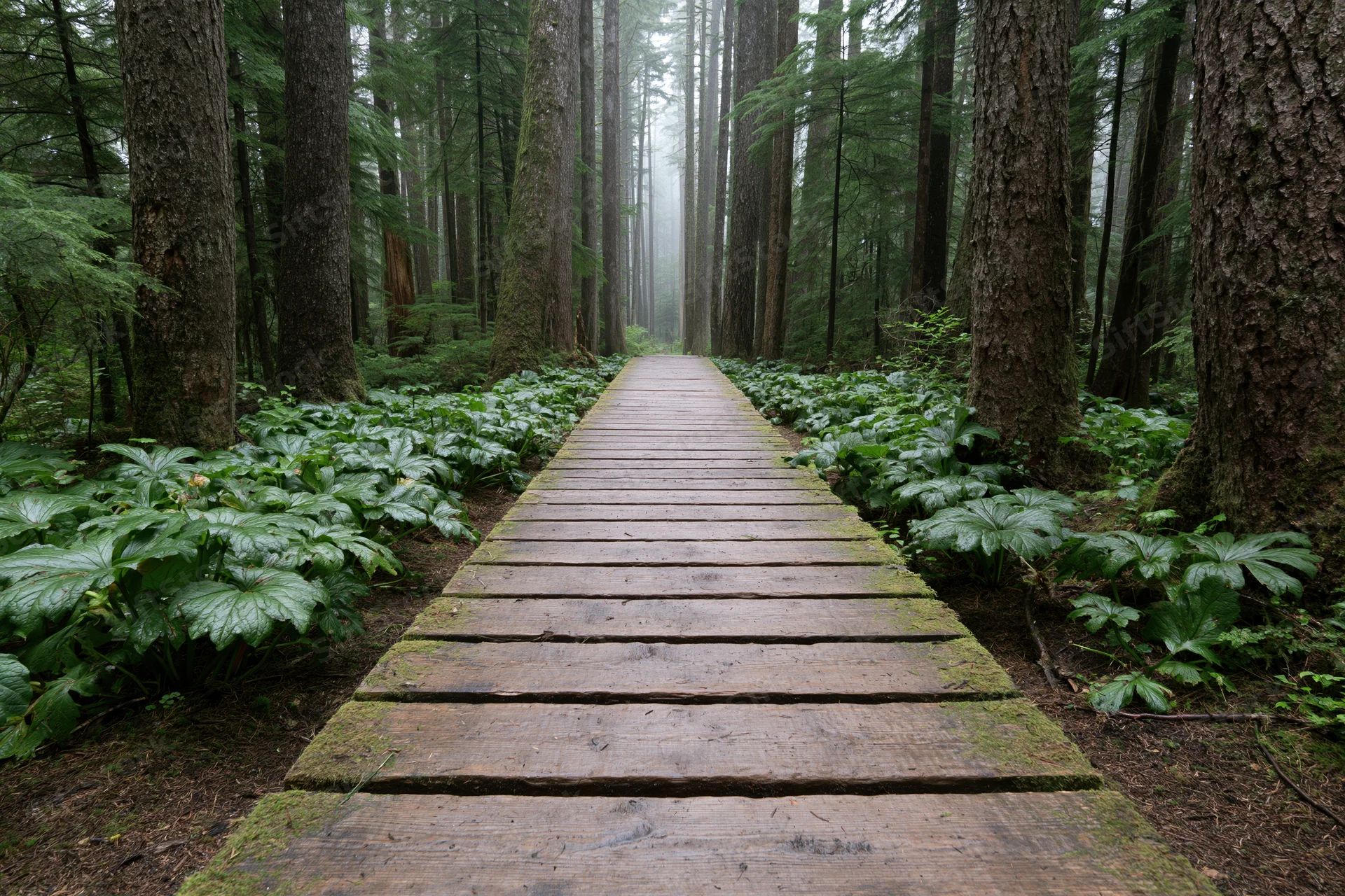 Wooden boardwalk path through dense foggy forest with mossy trees and green undergrowth