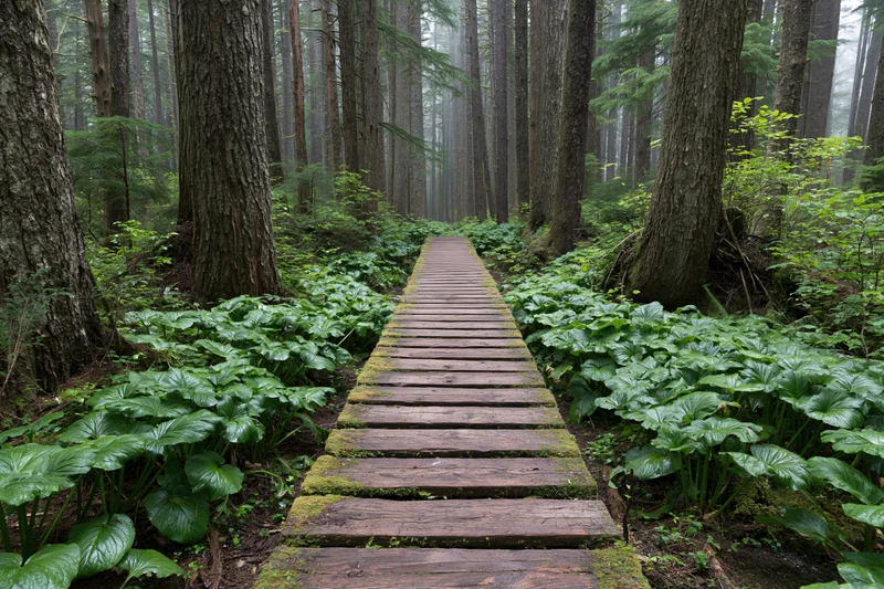 Wooden boardwalk winding through dense forest with moss-covered planks and lush green foliage on either side