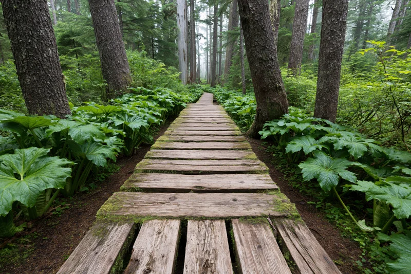 Weathered wooden boardwalk winding through dense forest with moss and green foliage on either side