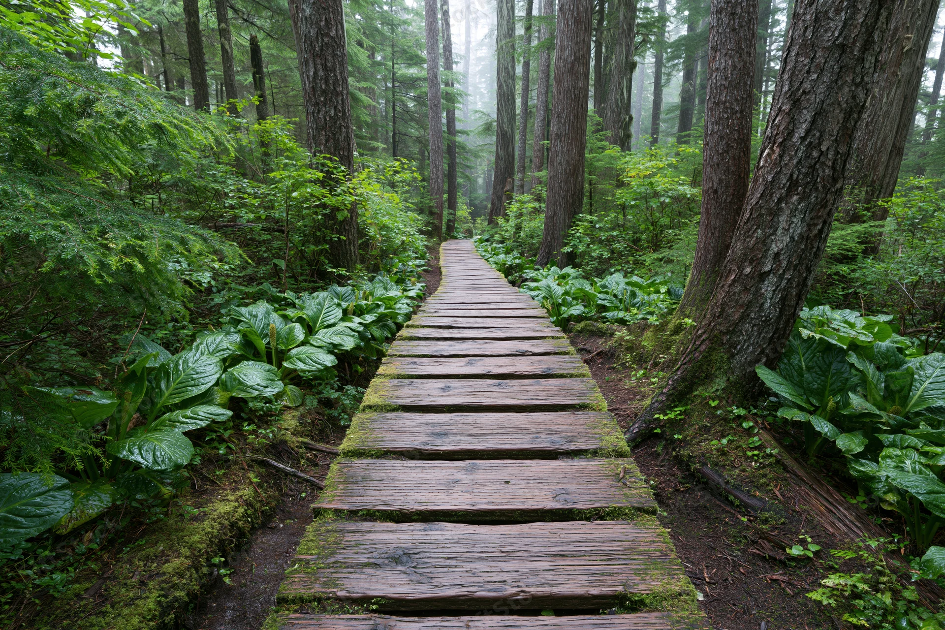 Wooden boardwalk winding through dense forest with moss-covered planks and tall trees on either side