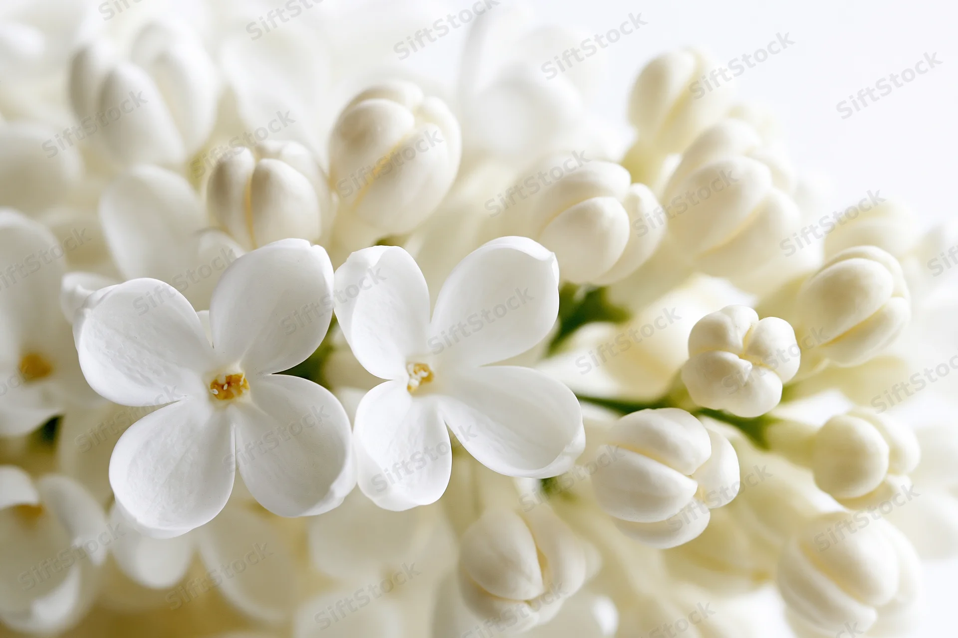 Closeup of white lilac flower cluster with two open blooms and buds on soft background