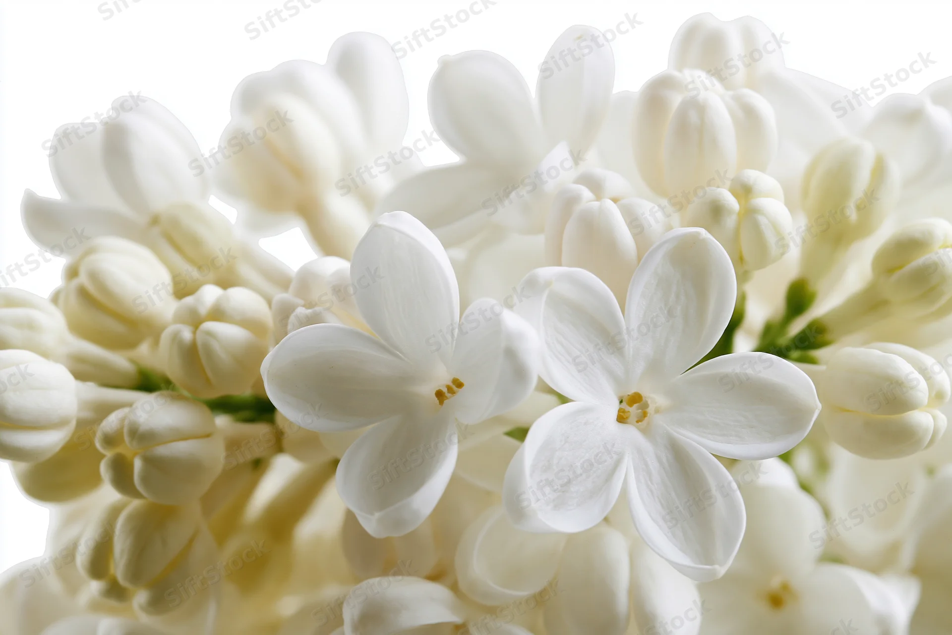 Closeup of white lilac flower cluster with two open blooms against white background