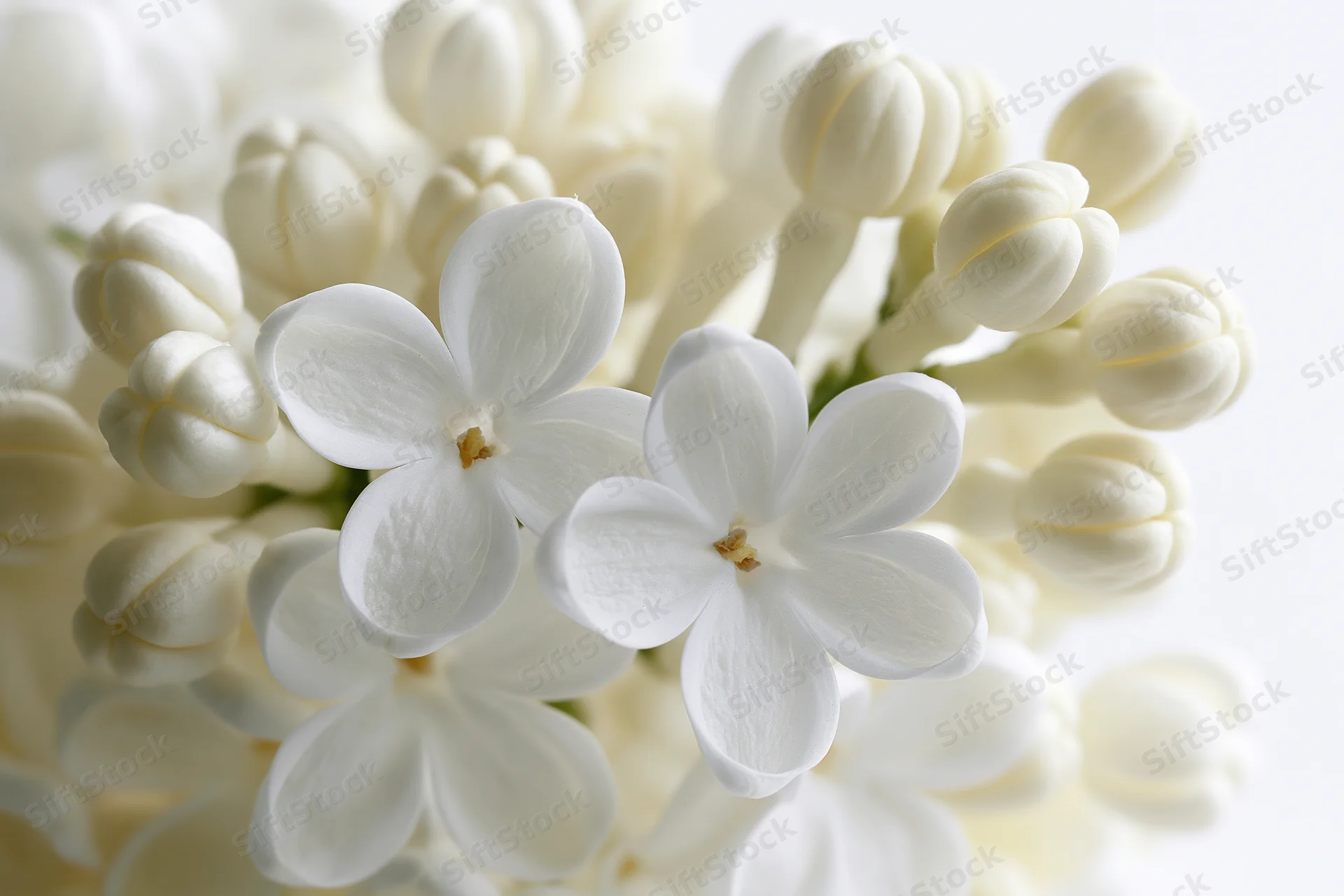 Closeup of white lilac flower cluster with two open blooms against a bright background