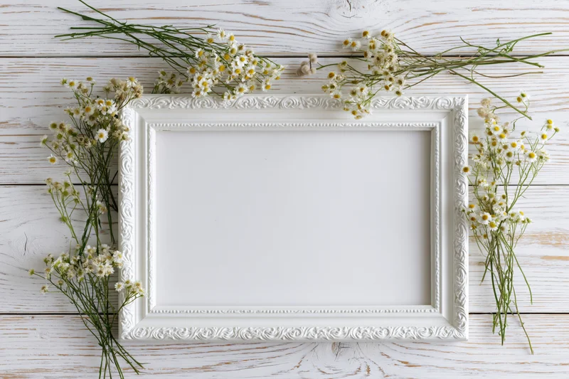 White ornate frame with daisies arranged on a whitewashed wooden surface