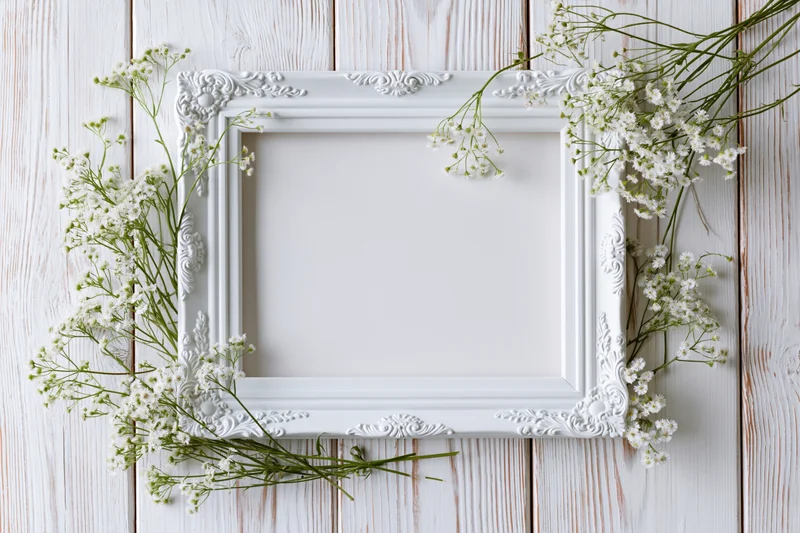 White ornate picture frame with baby's breath flowers arranged around it on a wooden surface