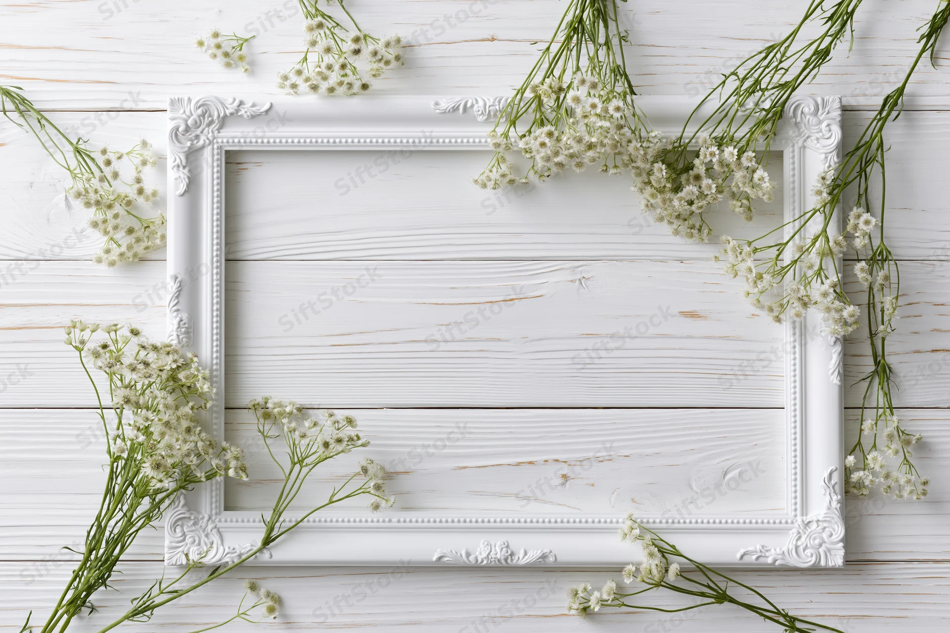 White ornate frame with baby's-breath flowers arranged around it on a wooden surface