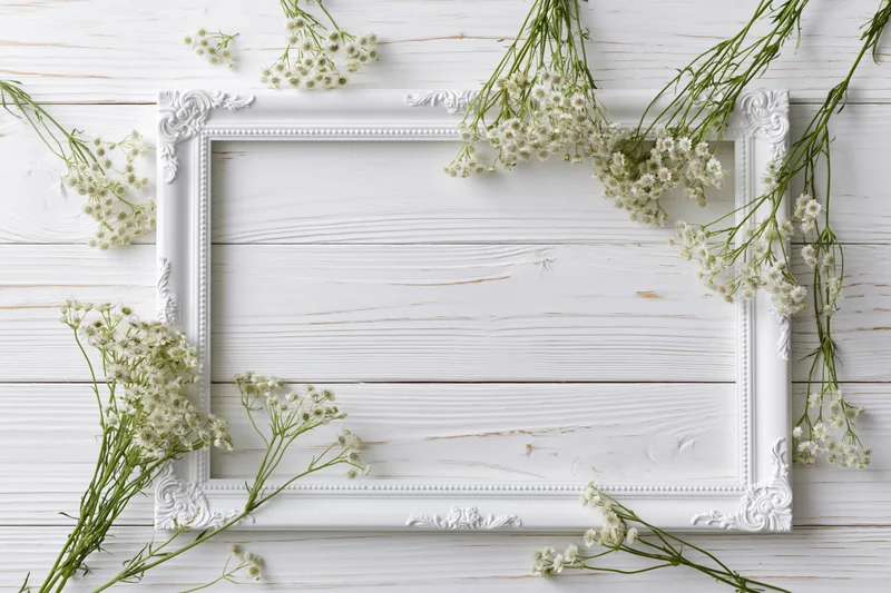 White ornate frame with baby's-breath flowers arranged around it on a wooden surface