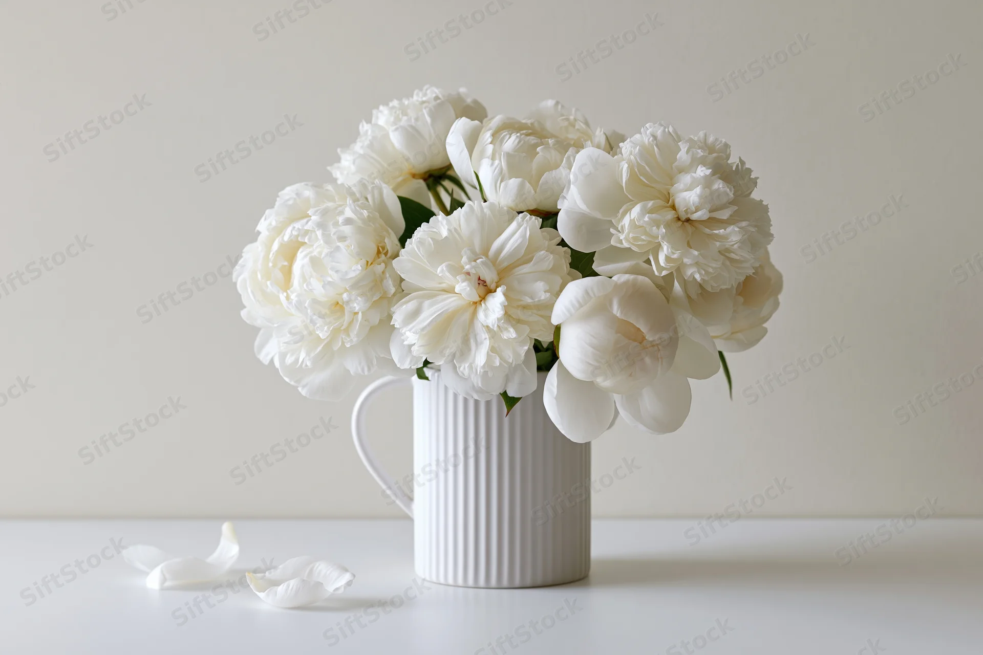 White peony bouquet in ribbed ceramic pitcher on white surface with fallen petals