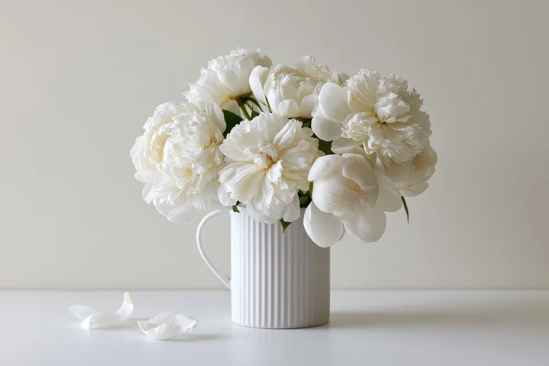 White peony bouquet in ribbed ceramic pitcher on white surface with fallen petals