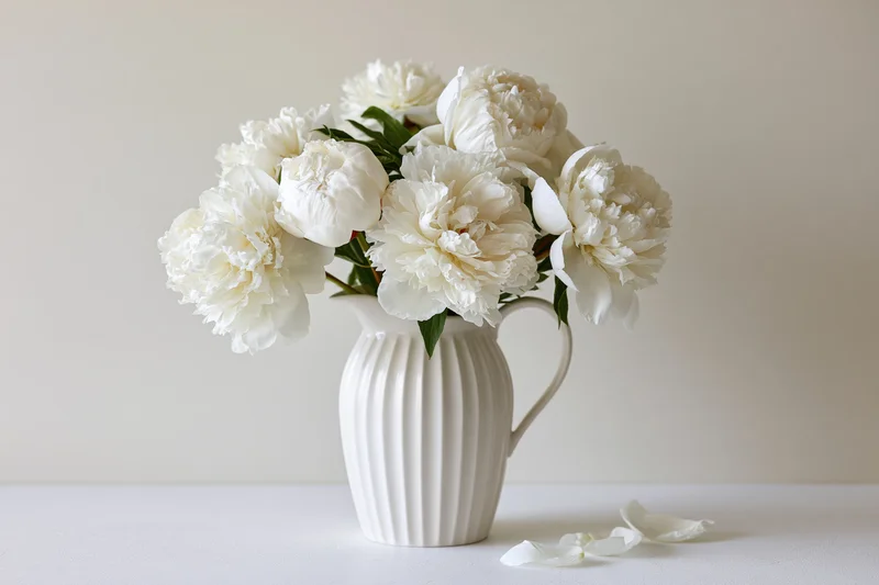 White peony bouquet in ribbed ceramic pitcher on white table