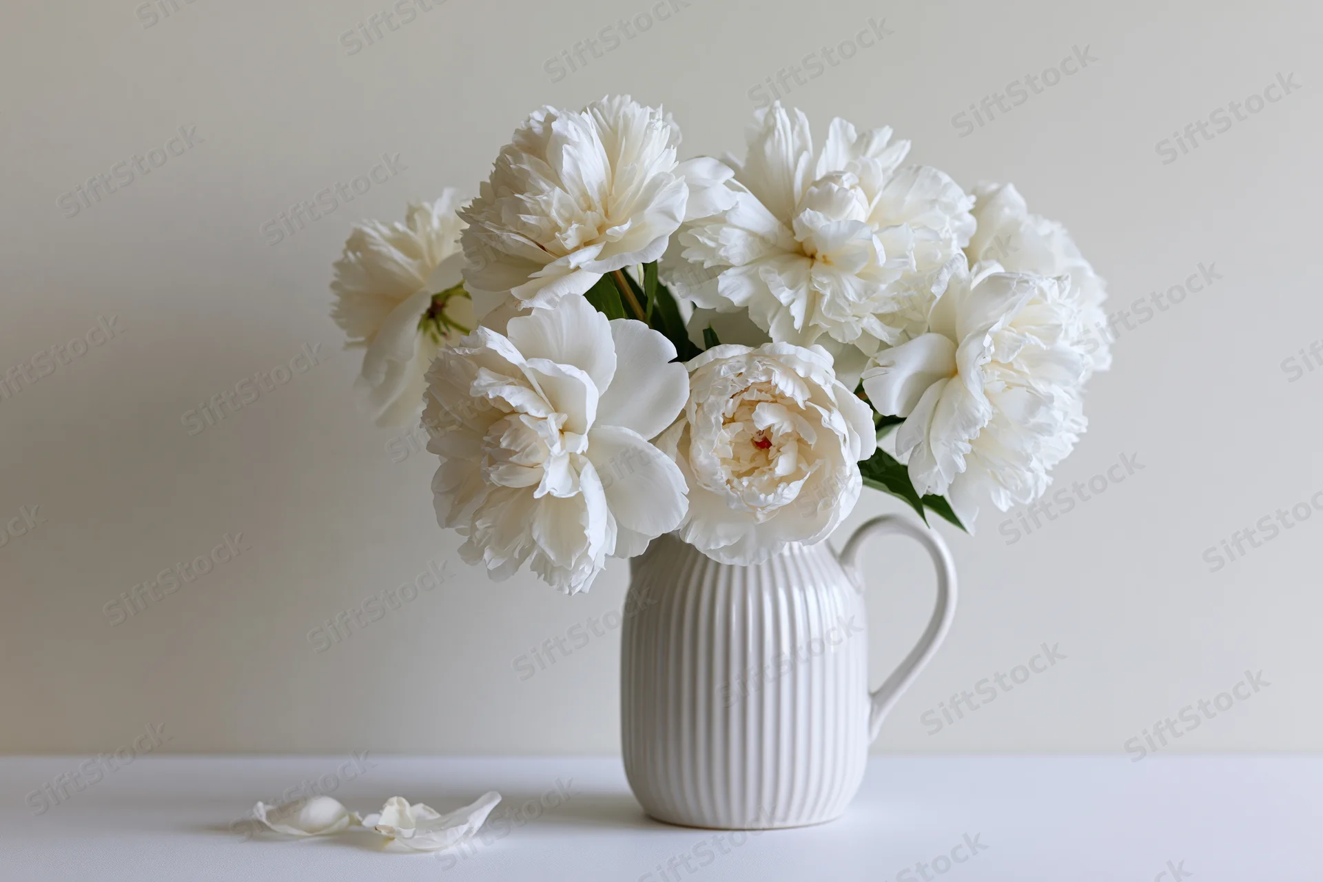 White peony bouquet in ribbed ceramic pitcher on white surface
