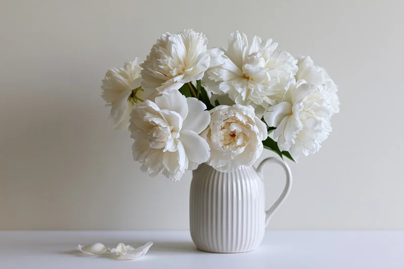 White peony bouquet in ribbed ceramic pitcher on white surface