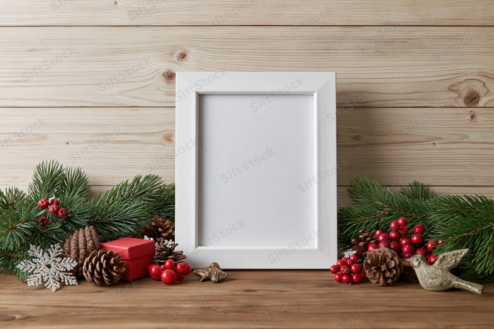 White picture frame with blank interior surrounded by christmas decorations on wooden surface