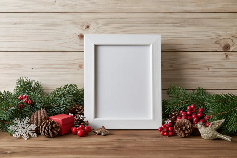 White picture frame with blank interior surrounded by christmas decorations on wooden surface