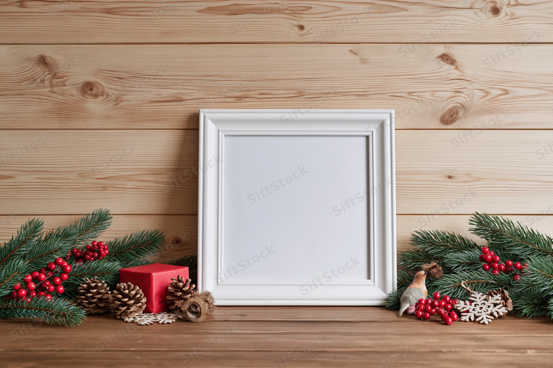 White frame with blank interior on wooden surface surrounded by christmas decorations