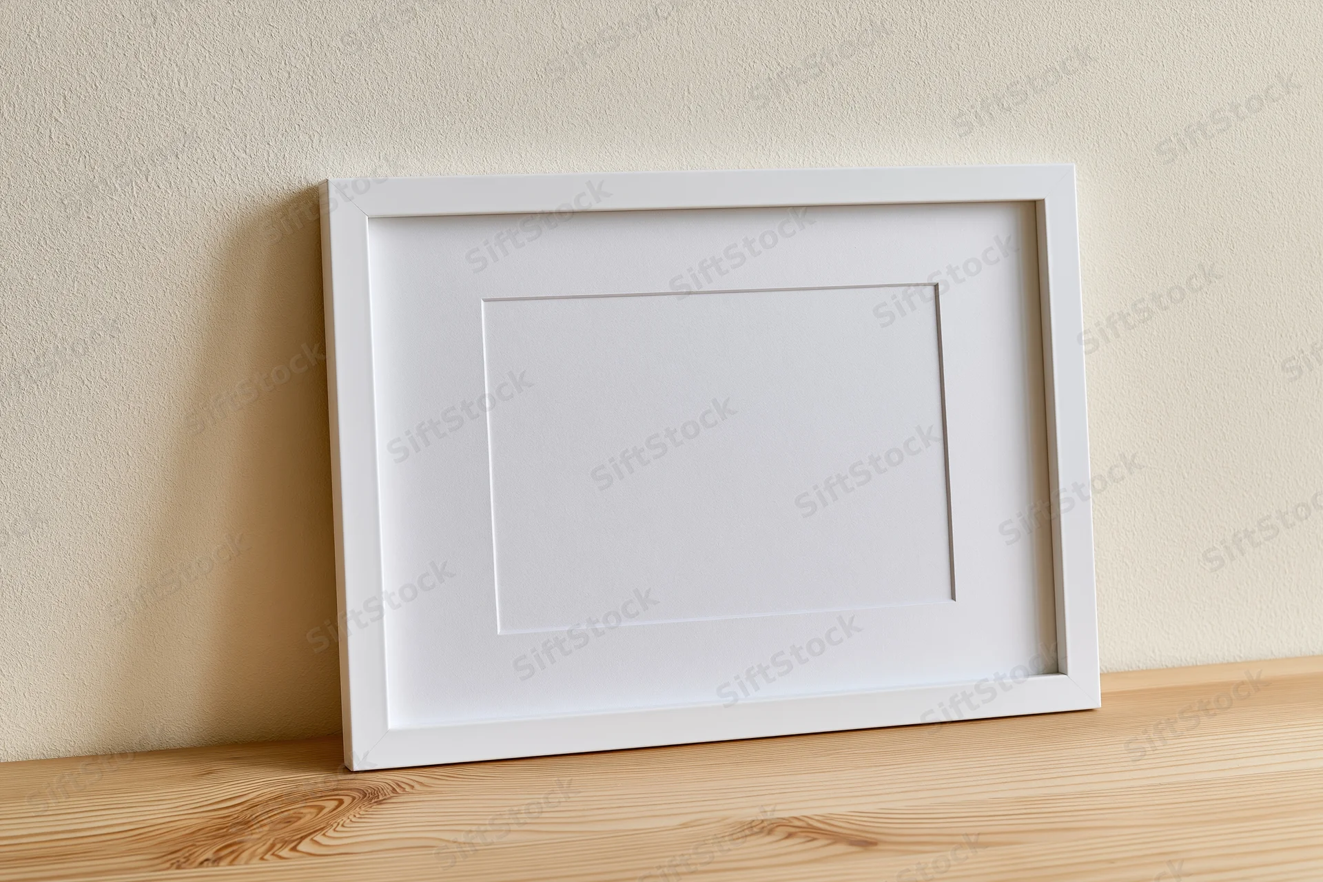 White picture frame with wide mat leaning against textured wall on wooden shelf