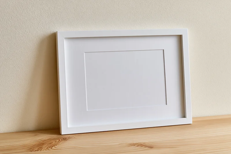 White picture frame with wide mat leaning against textured wall on wooden shelf
