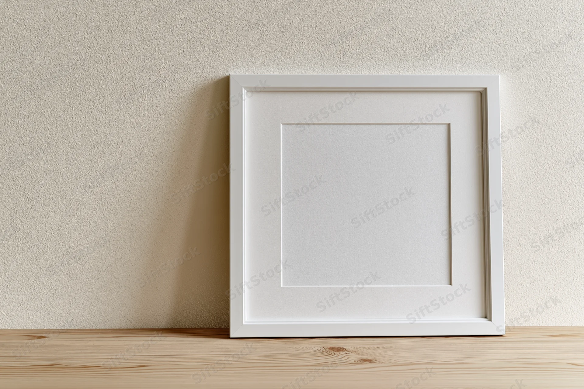 White picture frame with wide mat leaning against textured wall on wooden shelf
