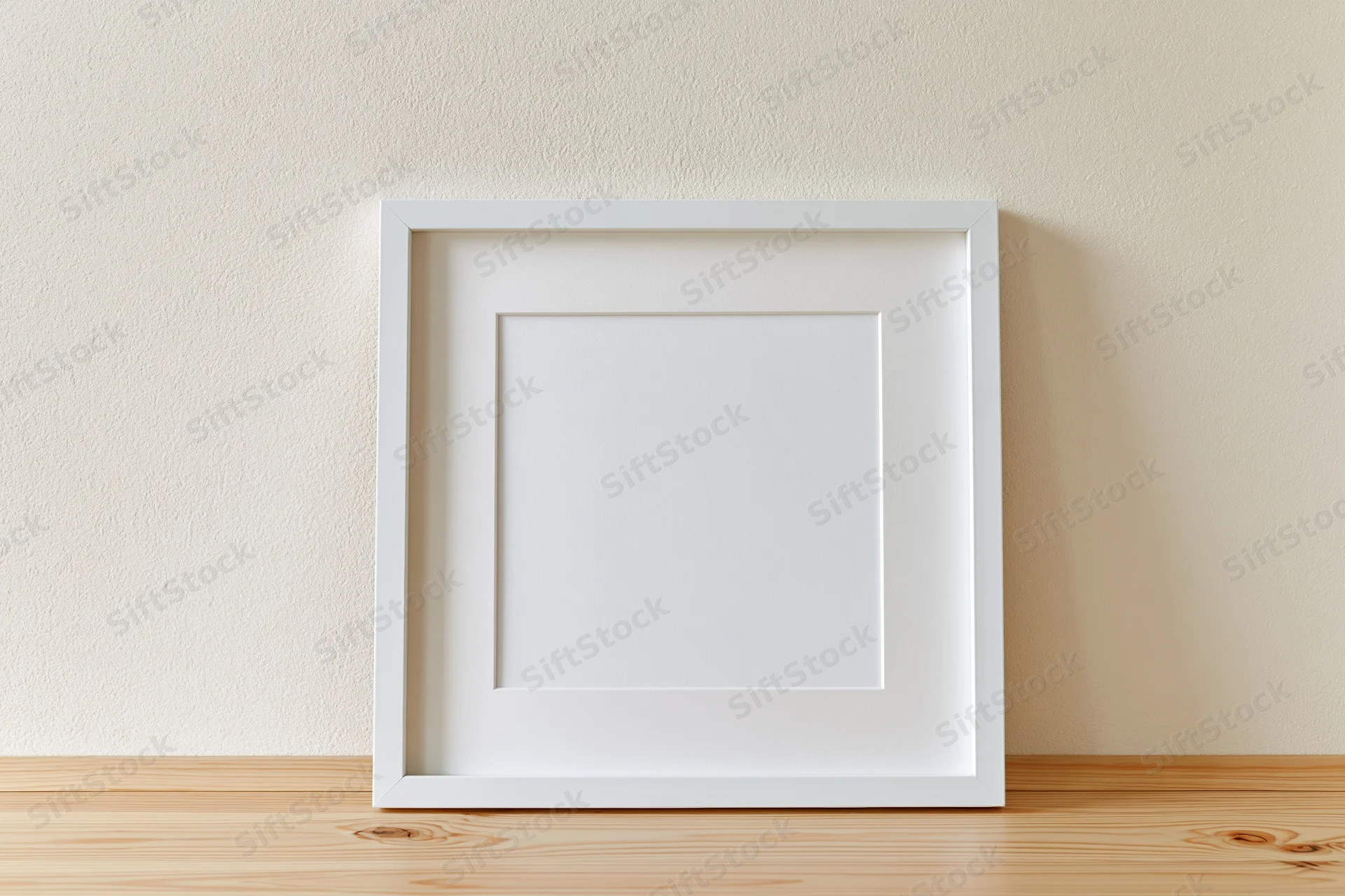 White picture frame with wide mat leaning against textured wall on wooden shelf