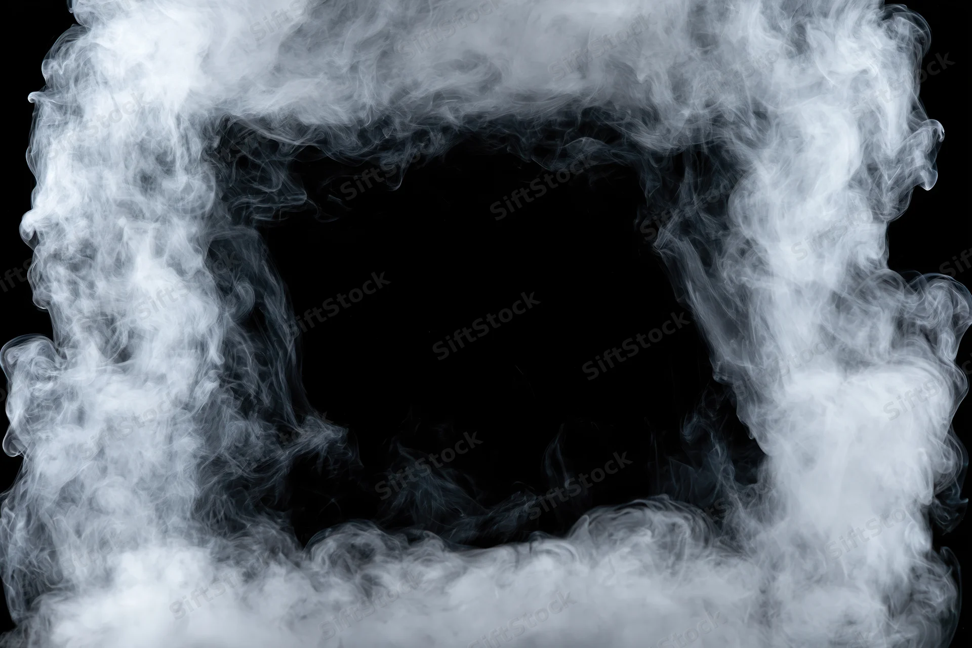 White smoke forming a rectangular frame around a dark empty center on black background