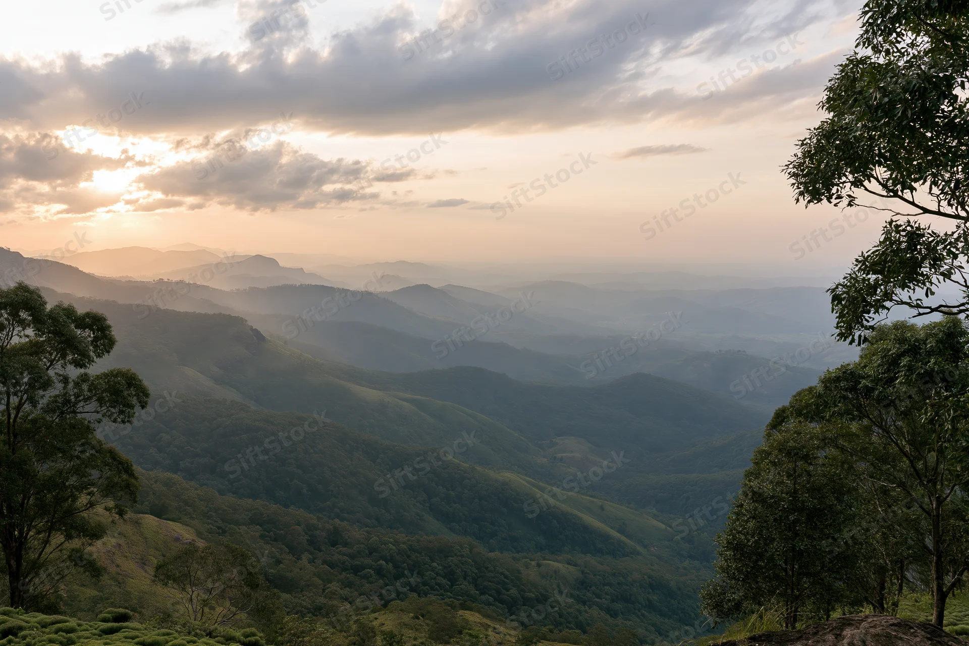 Panoramic view of layered green mountain ridges receding into misty horizon at sunset