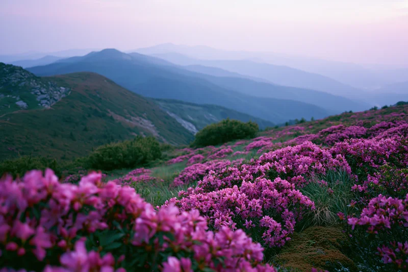 Wild rhododendron flowers blooming across an alpine hillside with layered mountains in the distance