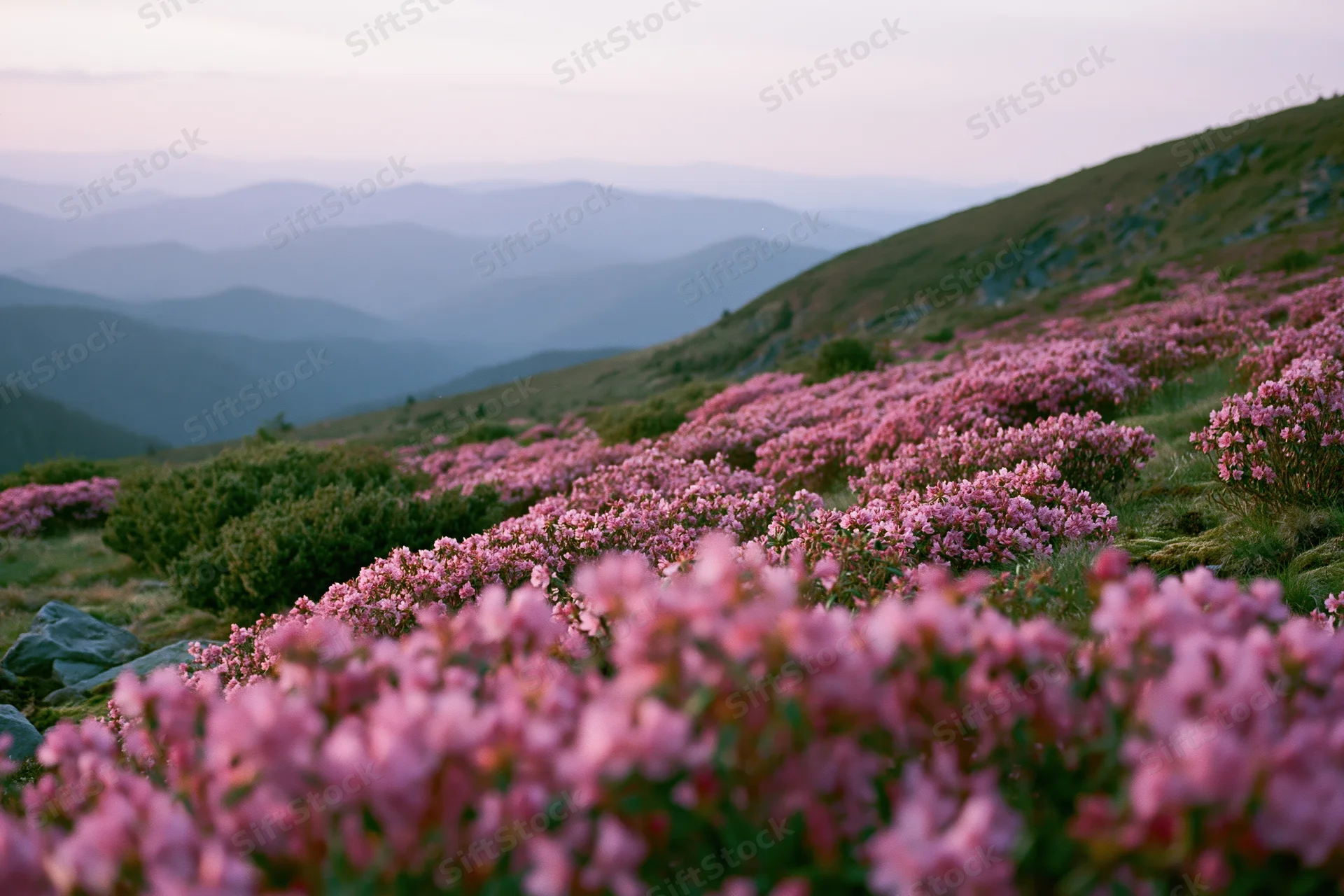 Pink rhododendron flowers blooming across an alpine hillside with layered mountains in the distance