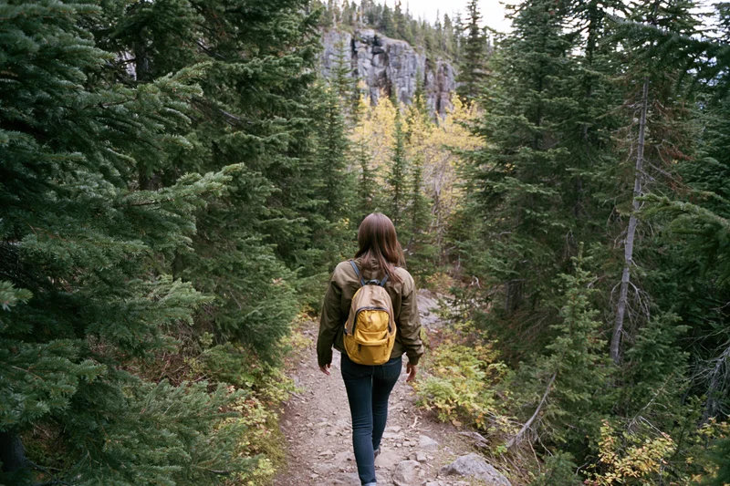 Woman with yellow backpack hiking on forest trail toward rocky cliff