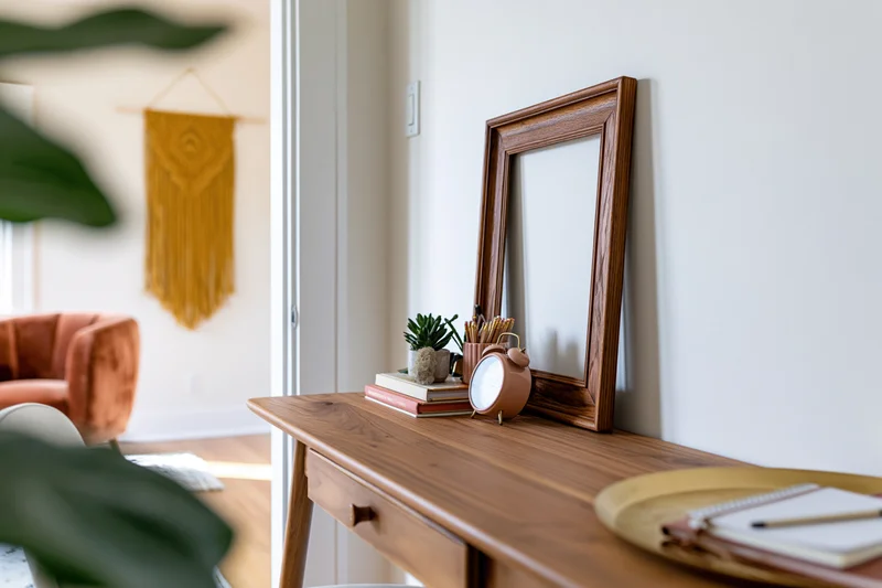 Wooden desk with empty dark wood frame and office supplies arranged against a white wall in a home office setting