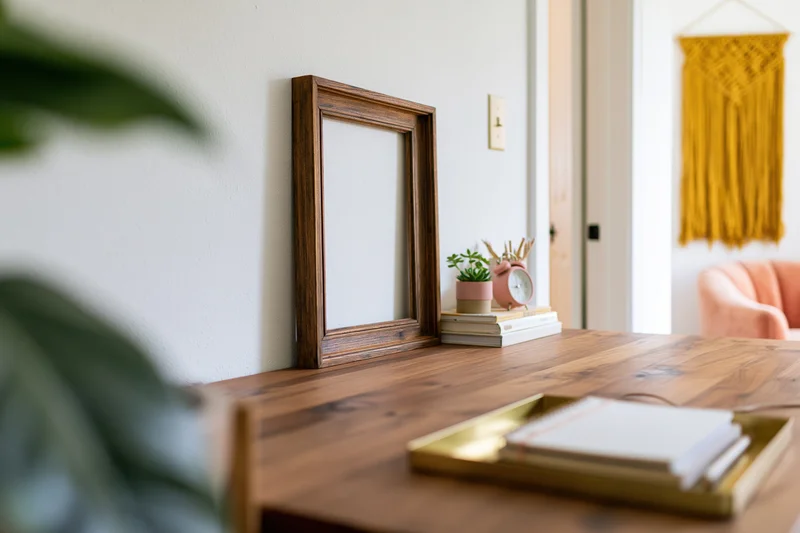 Wooden desk with empty dark wood picture frame and decor items arranged on surface near wall