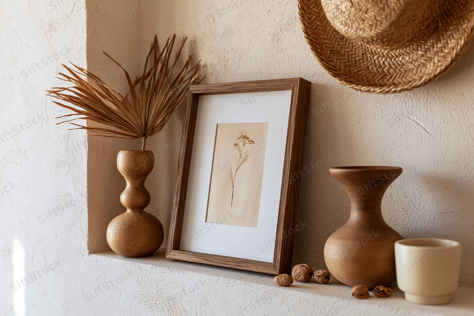 Wooden picture frame leaning against textured plaster wall on shelf with ceramic vases, dried plant, straw hat and nuts