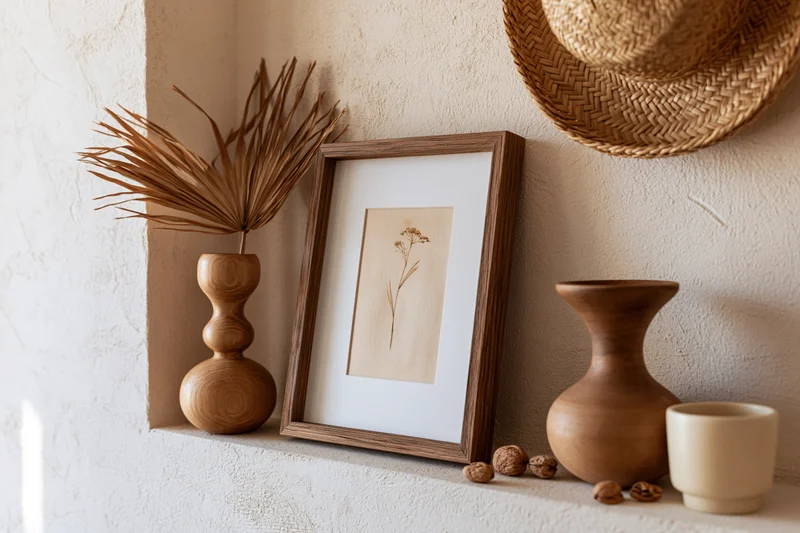 Wooden picture frame leaning against textured plaster wall on shelf with ceramic vases, dried plant, straw hat and nuts
