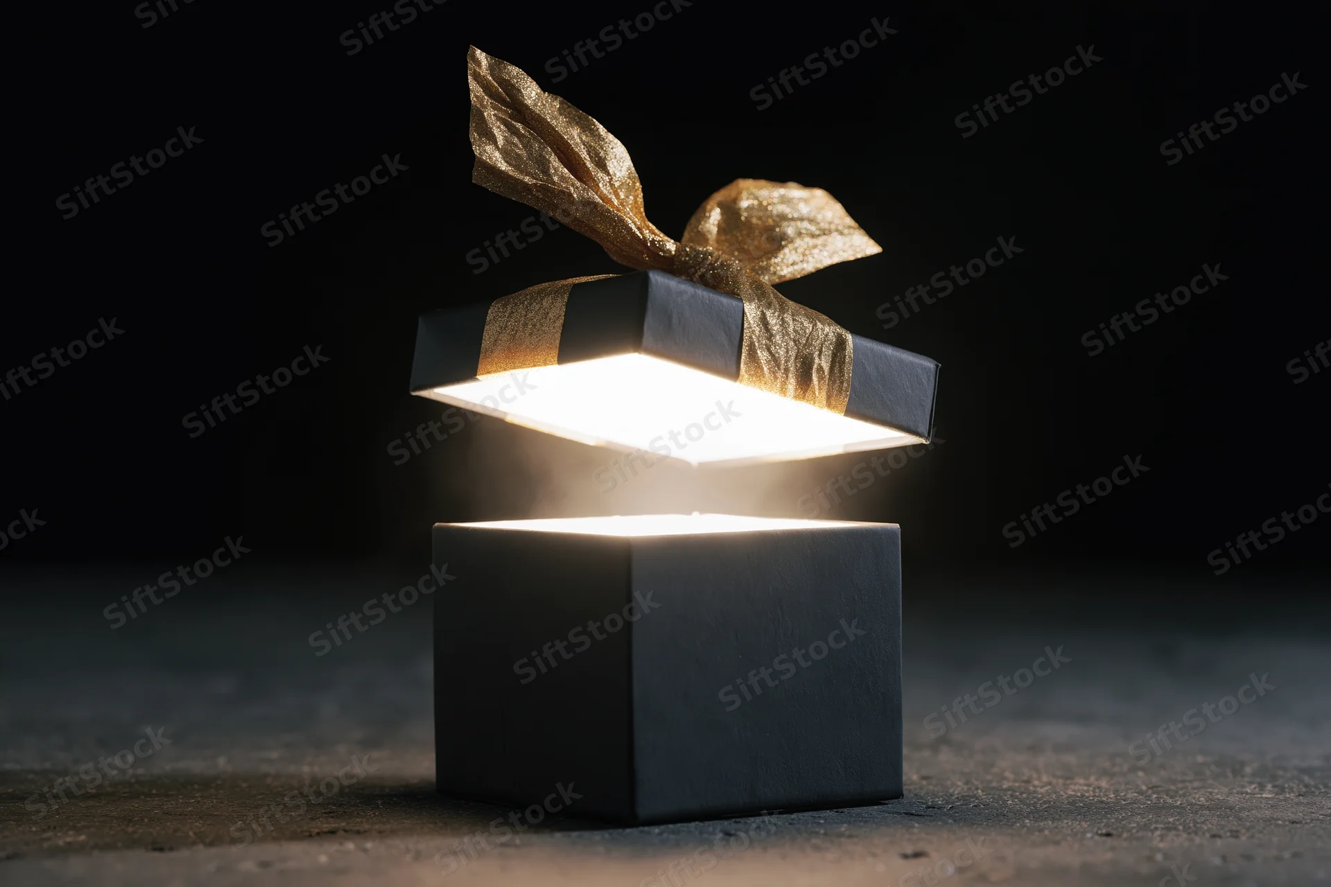 Black gift box with floating lid emitting bright light on dark surface