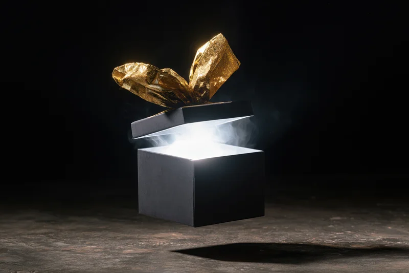 Black gift box with floating lid open, emitting bright light and smoke on dark floor