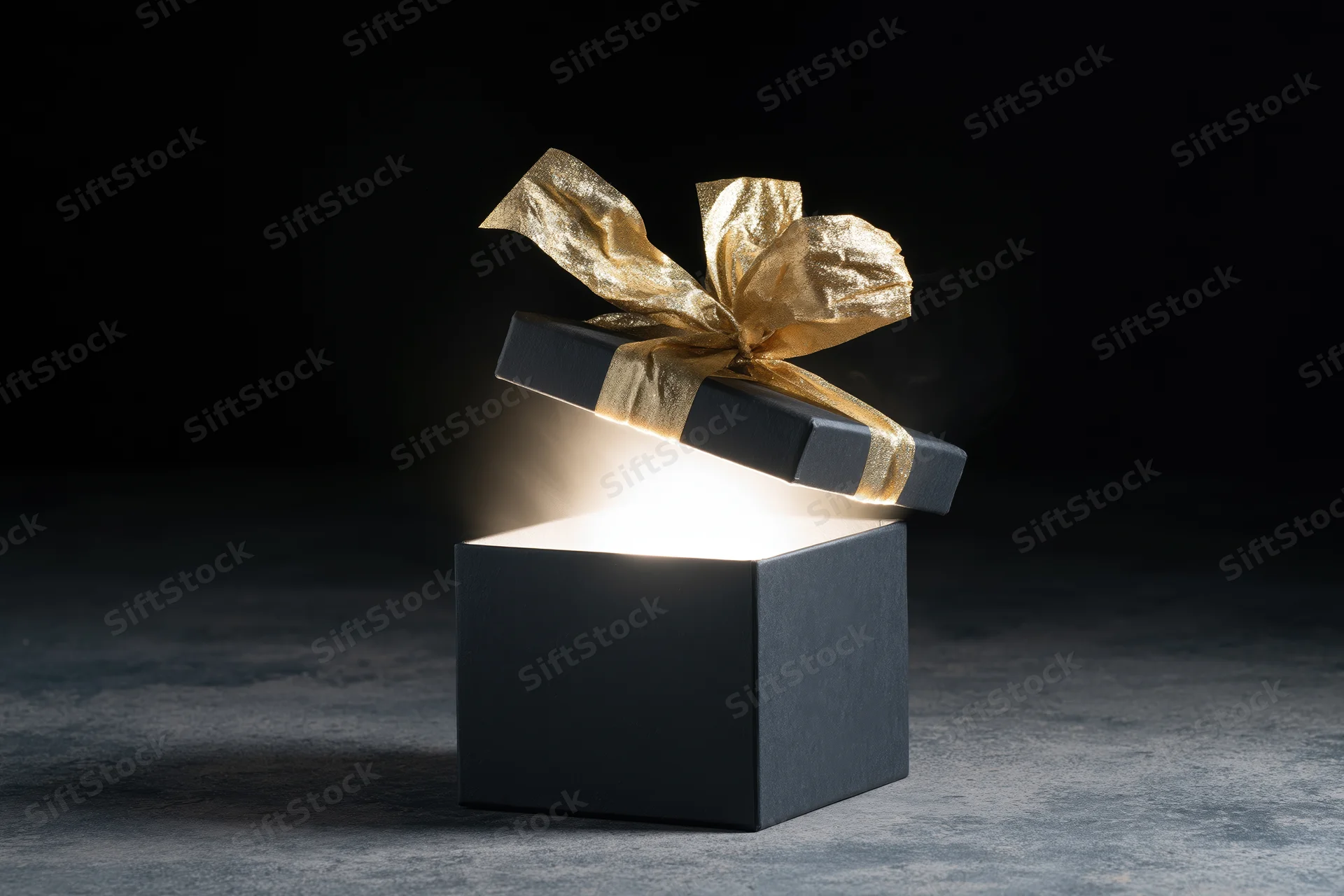 Black gift box with floating lid and golden ribbon emitting bright light on dark surface