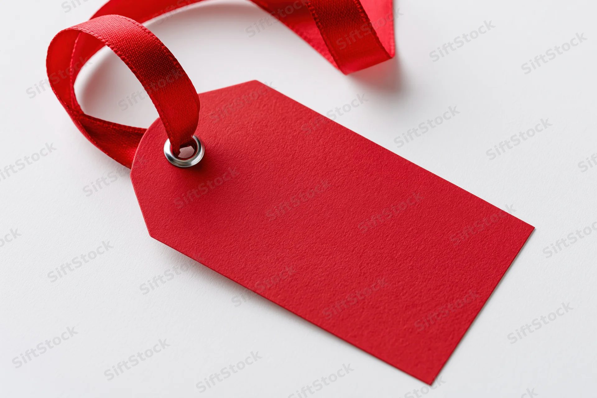 Blank red cardstock gift tag with ribbon attached on white background