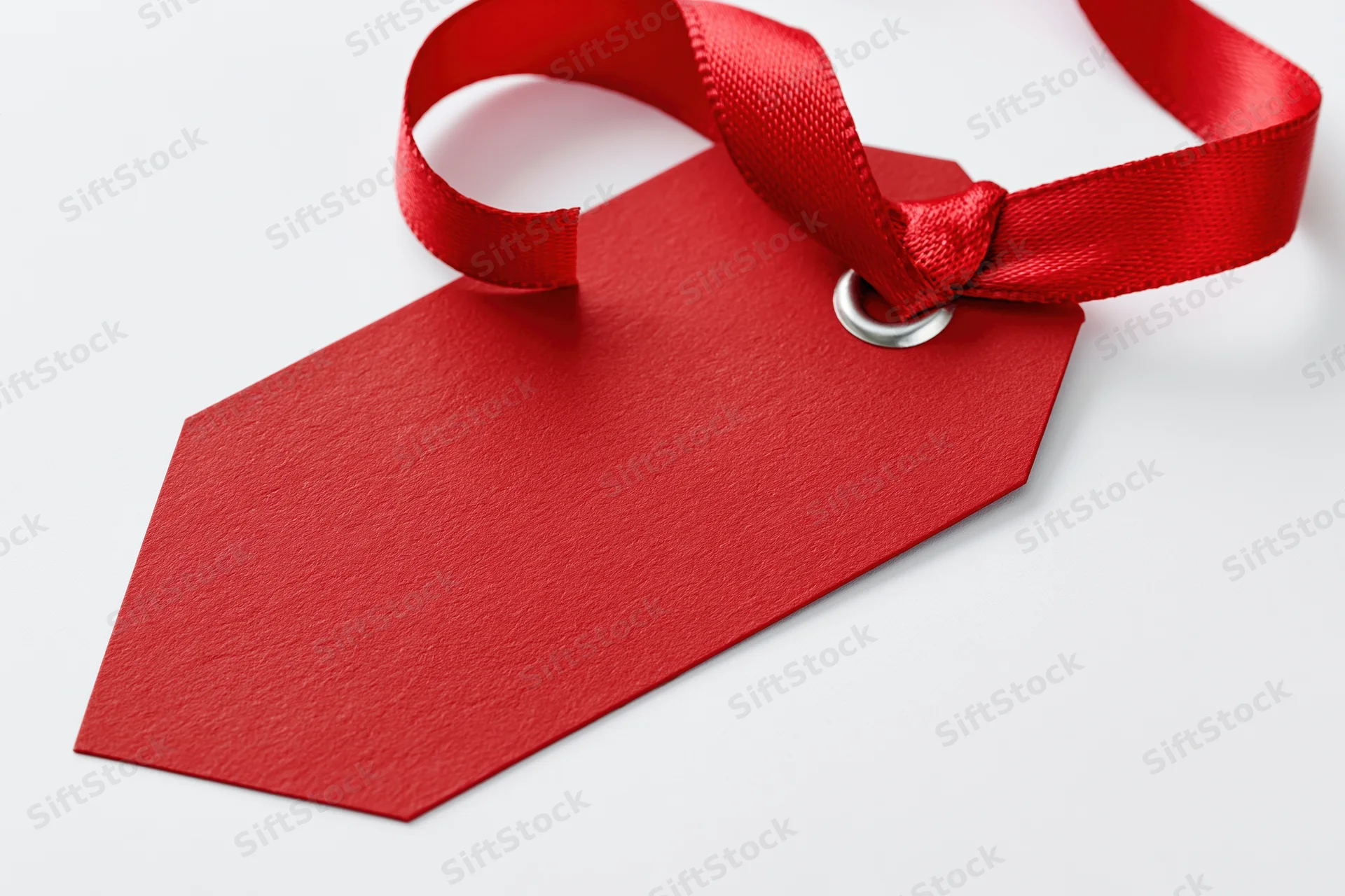 Blank red cardstock gift tag with satin ribbon tied through metal hole on white surface